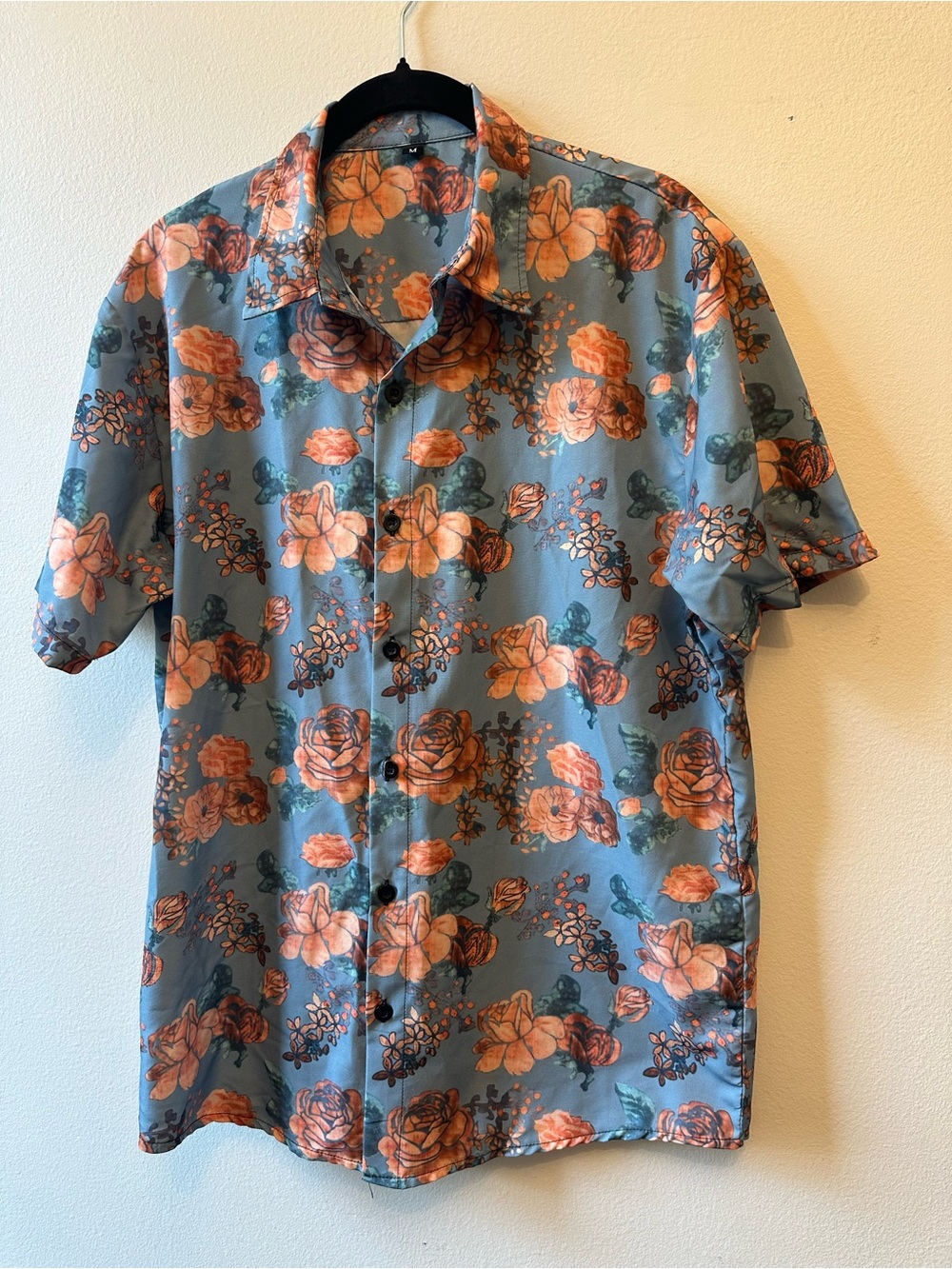 Men's Short Sleeve Floral Button Up Shirt Slate Blue Orange Rose Print Size M